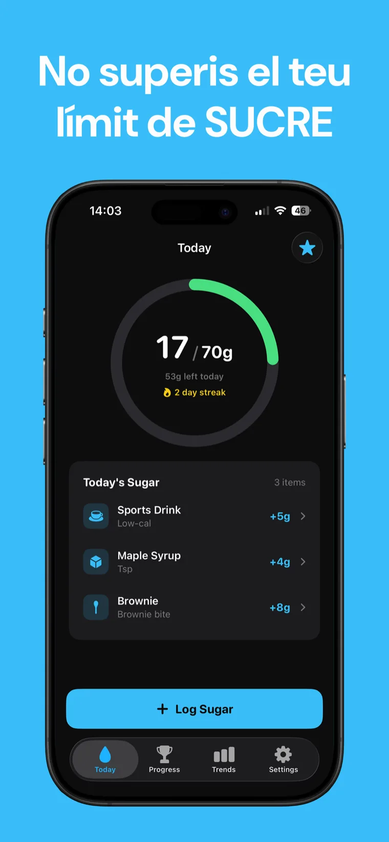 No superis el teu límit de SUCRE — Sugar Tracker en un iPhone mostrant l'anell de progrés diari de sucre afegit
