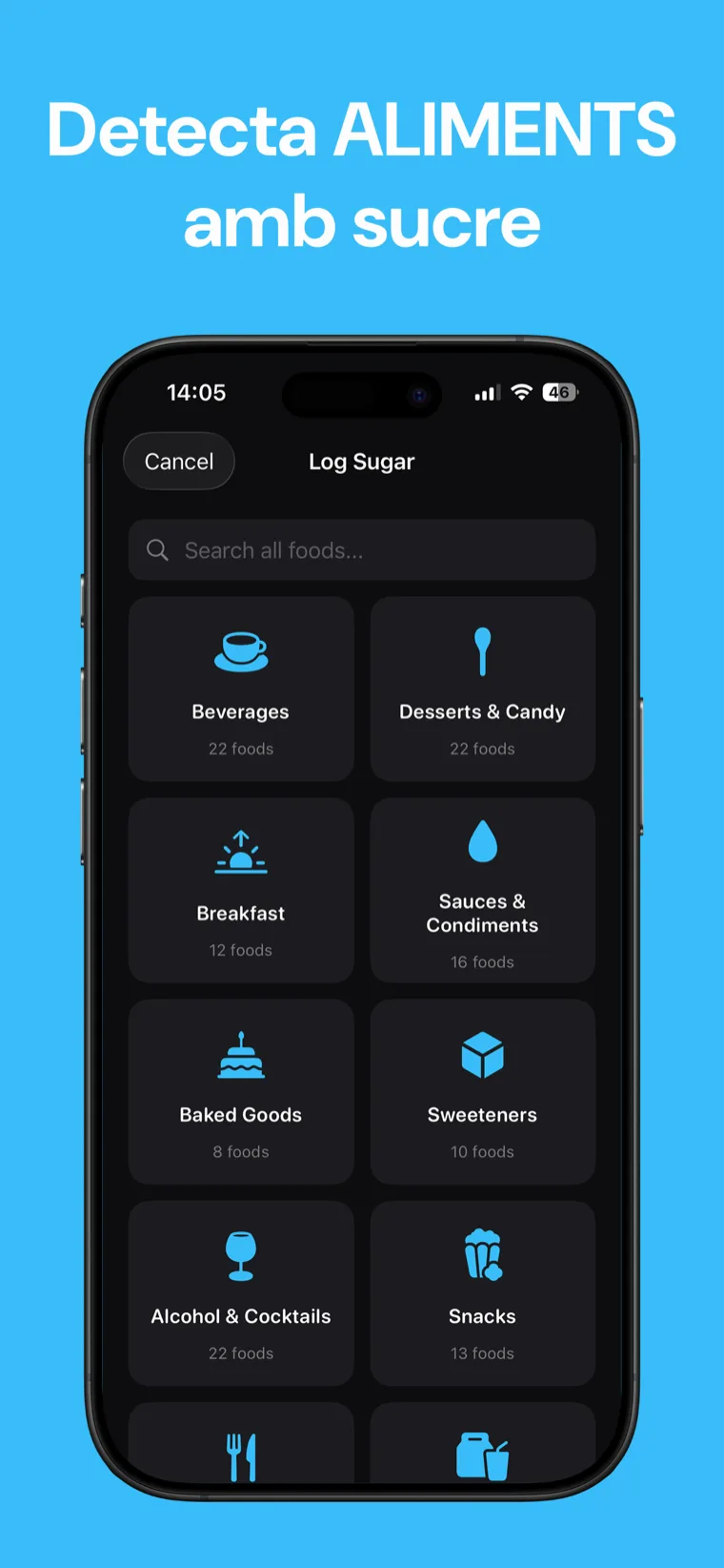 Detecta ALIMENTS amb sucre — Llista d'aliments de Sugar Tracker que mostra el contingut de sucre afegit per element
