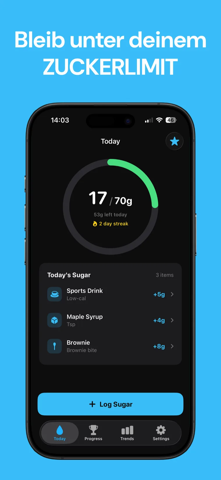 Bleib unter deinem ZUCKERLIMIT — Zucker Tracker auf dem iPhone mit dem täglichen Fortschrittsring für zugesetzten Zucker