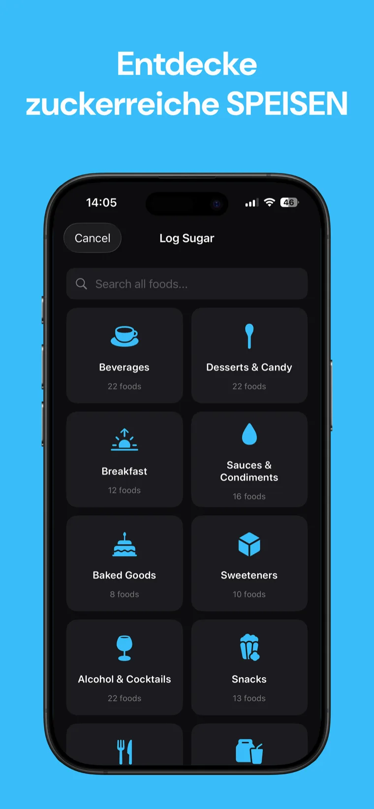 Entdecke zuckerreiche SPEISEN — Zucker Tracker zeigt eine Liste mit zugesetztem Zucker pro Lebensmittel