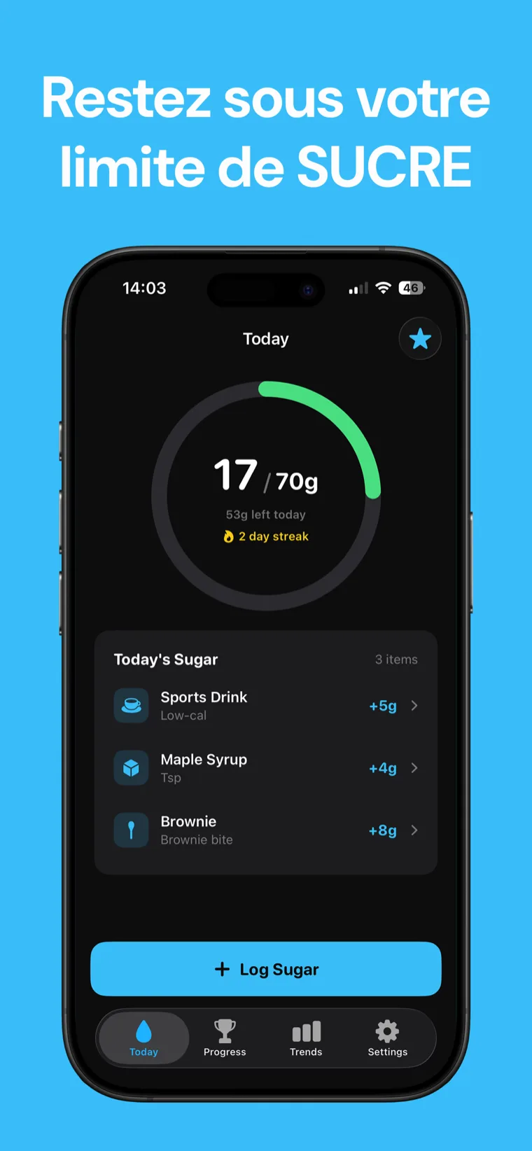 Restez sous votre limite de SUCRE — Suivi du Sucre sur iPhone affichant l'anneau de progression quotidien du sucre ajouté