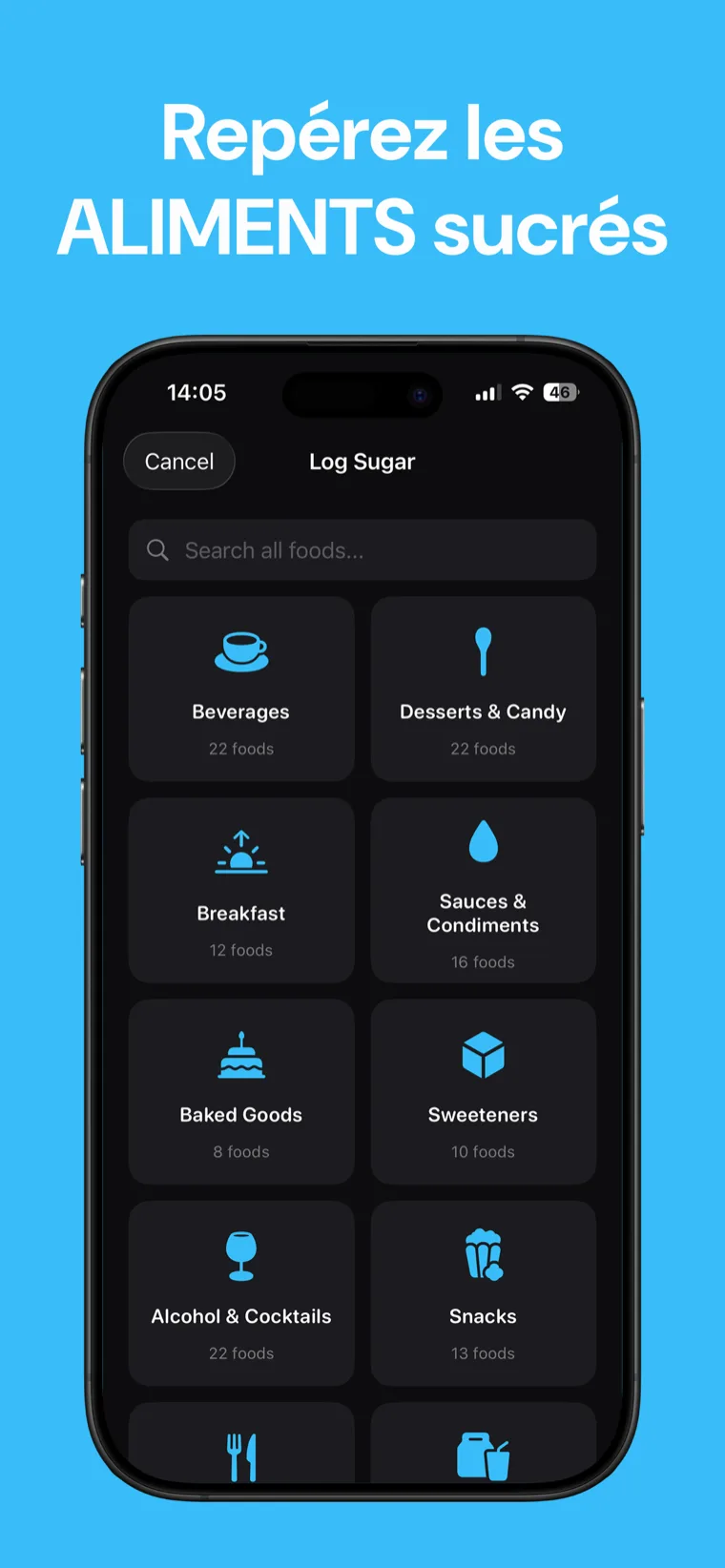 Repérez les ALIMENTS sucrés — Liste des aliments dans Suivi du Sucre affichant la teneur en sucre ajouté par article
