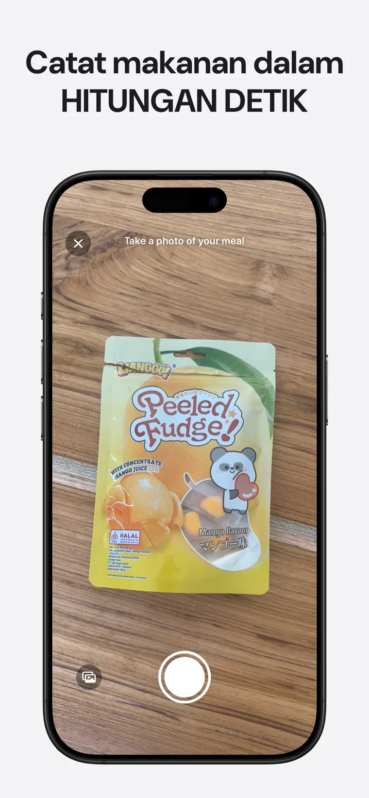 Catat makanan dalam HITUNGAN DETIK — Pelacak Gula menampilkan opsi pencatatan foto, kode batang, dan suara