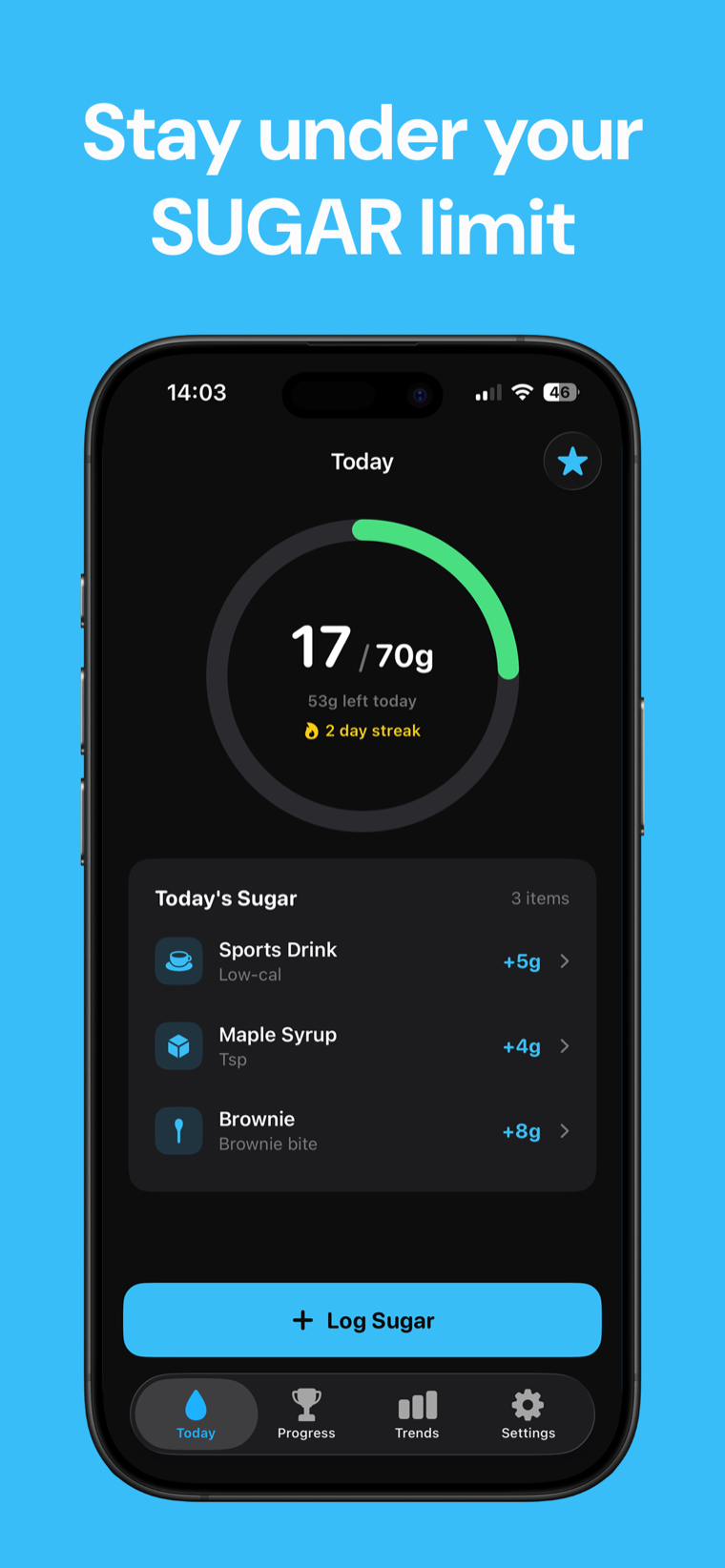 Stay under your sugar limit — Sugar Tracker on iPhone showing the daily added-sugar progress ring
