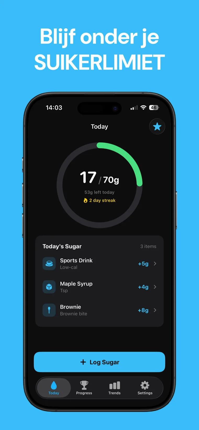 Blijf onder je SUIKERLIMIET — Suiker Tracker op iPhone met de dagelijkse voortgangsring voor toegevoegde suikers