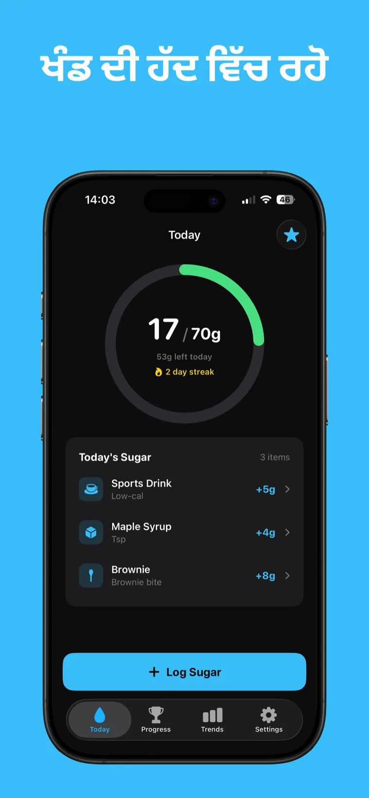 ਖੰਡ ਦੀ ਹੱਦ ਵਿੱਚ ਰਹੋ — iPhone 'ਤੇ Sugar Tracker, ਰੋਜ਼ਾਨਾ ਸ਼ੂਗਰ ਪ੍ਰਗਤੀ ਰਿੰਗ