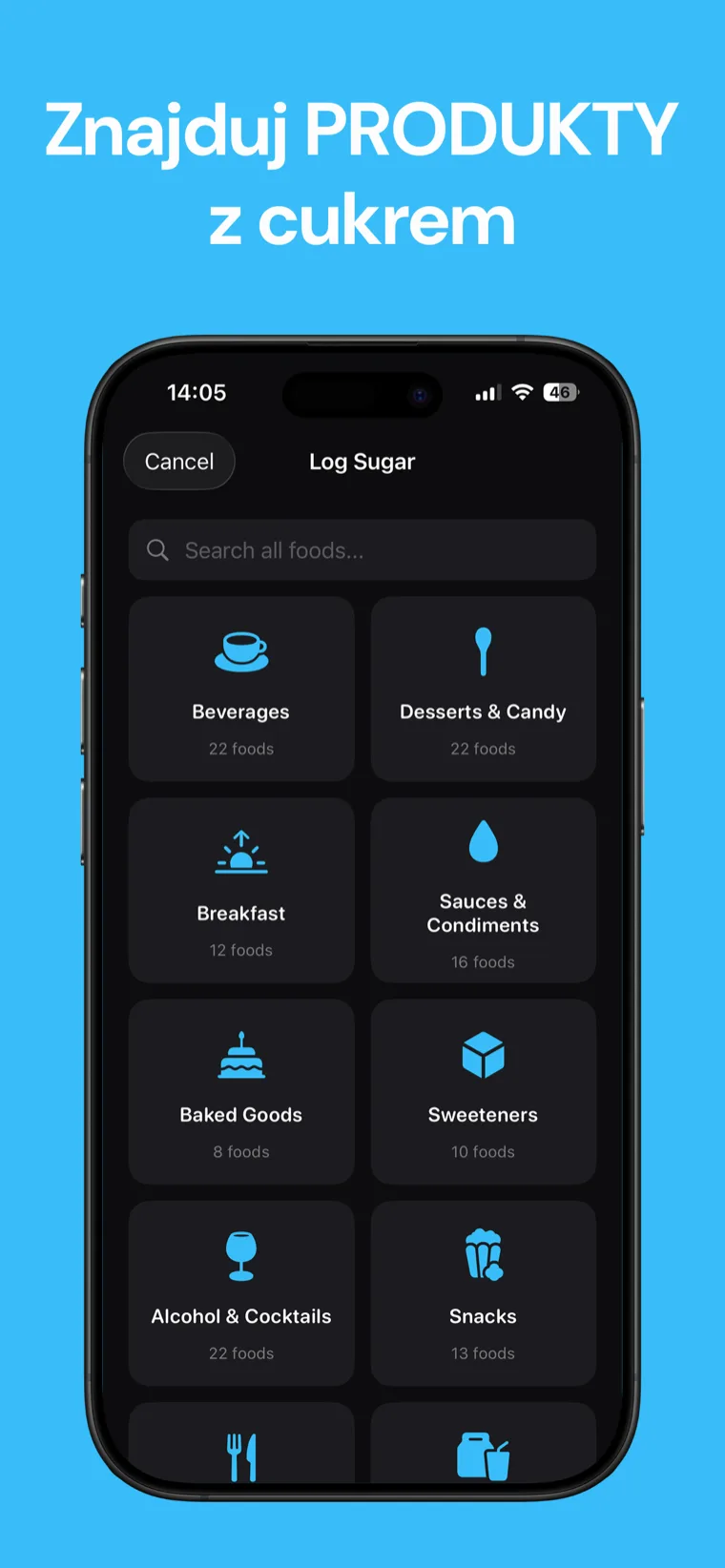 Znajduj PRODUKTY z cukrem — Lista żywności Tracker Cukru pokazująca zawartość dodanego cukru na produkt