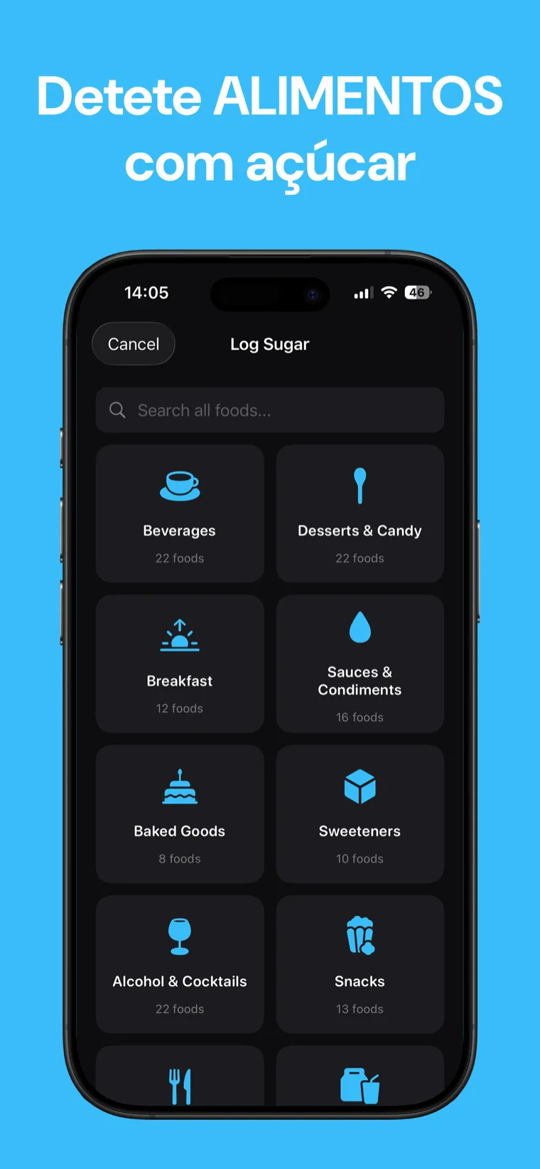 Detete ALIMENTOS com açúcar — Lista de alimentos do Rastreador Açúcar mostrando o teor de açúcar adicionado por item