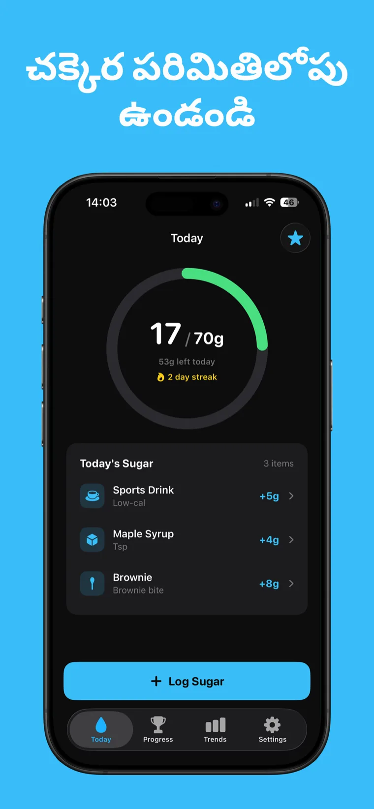 చక్కెర పరిమితిలోపు ఉండండి — Sugar Tracker iPhoneలో రోజువారీ యాడెడ్ షుగర్ ప్రోగ్రెస్ రింగ్ చూపిస్తోంది